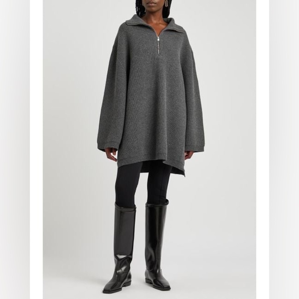 Toteme fisherman zipped wool blend roll neck sweater dark gray melange oversized - Picture 4 of 10